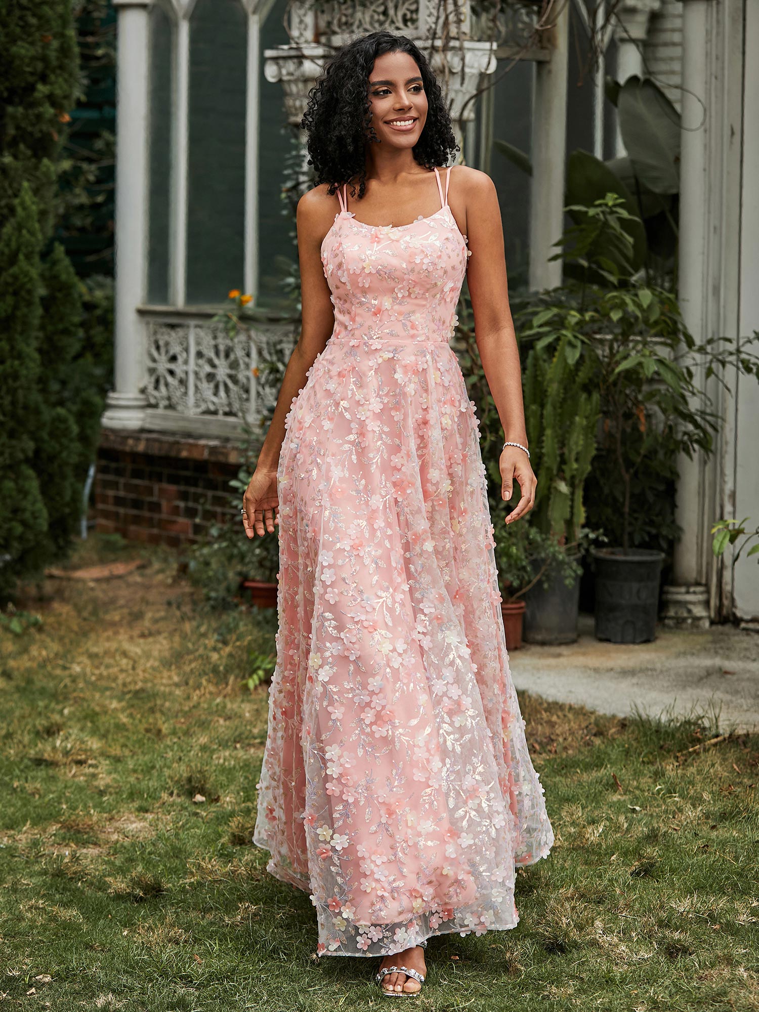 Scoop Neckline Appliqued Lace-up Prom Dress Coral
